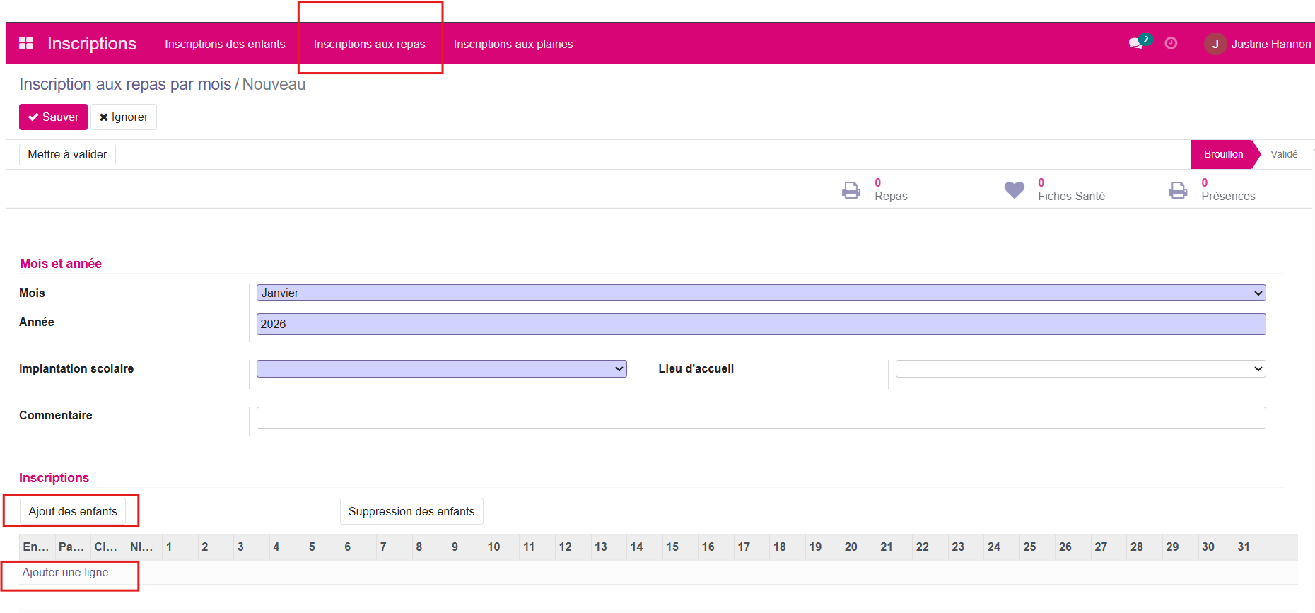 Fiche inscription tableau