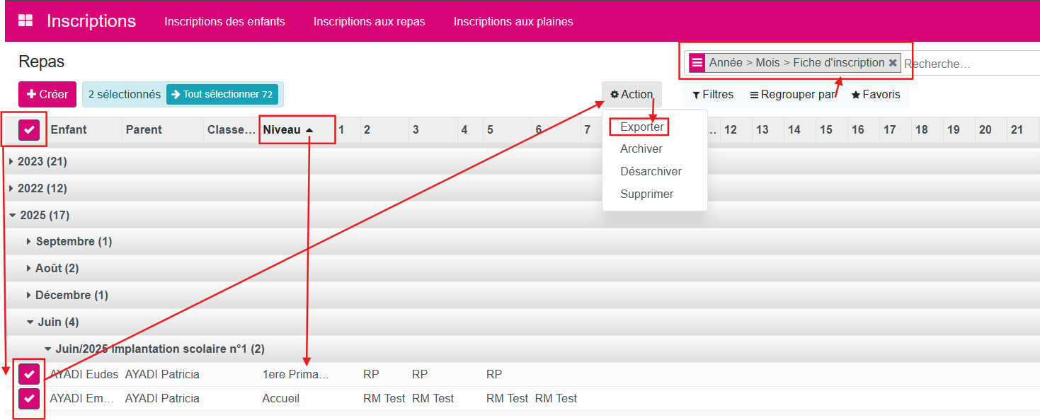 Fiche inscription tableau