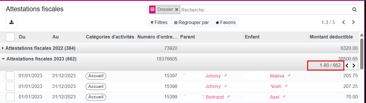Affichage des listes