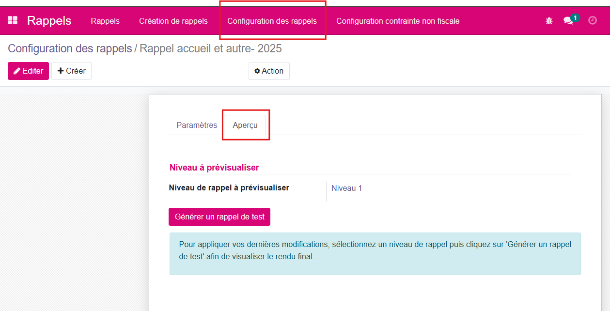 Configuration rappel aperçu