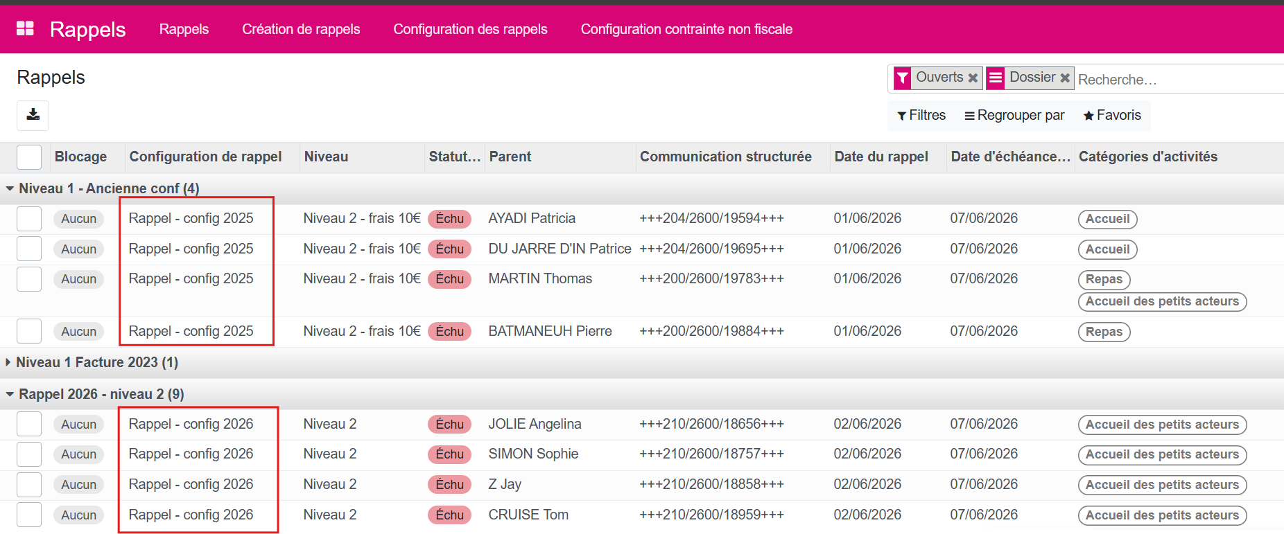 Configuration rappel aperçu