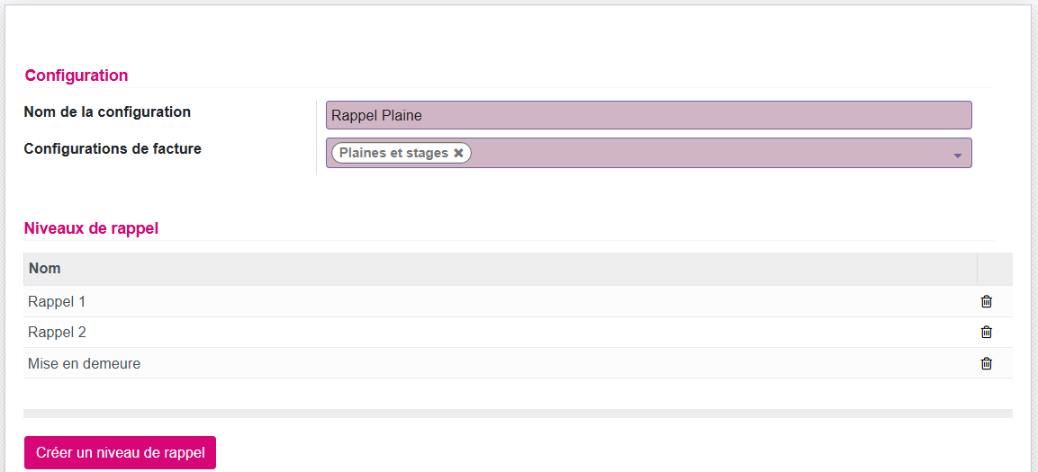 Configuration rappel