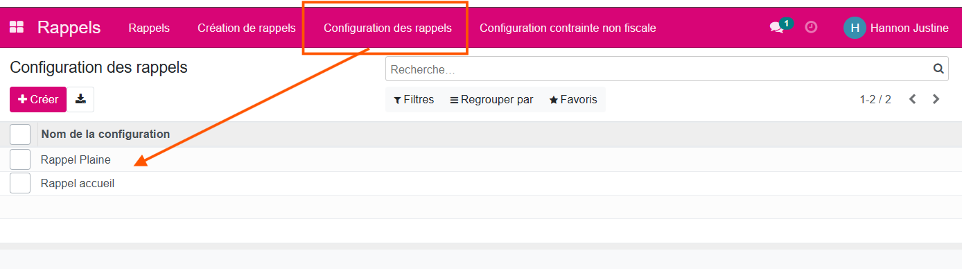 Configuration rappel