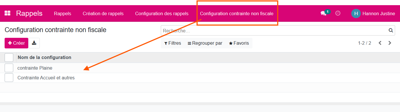 Configuration rappel