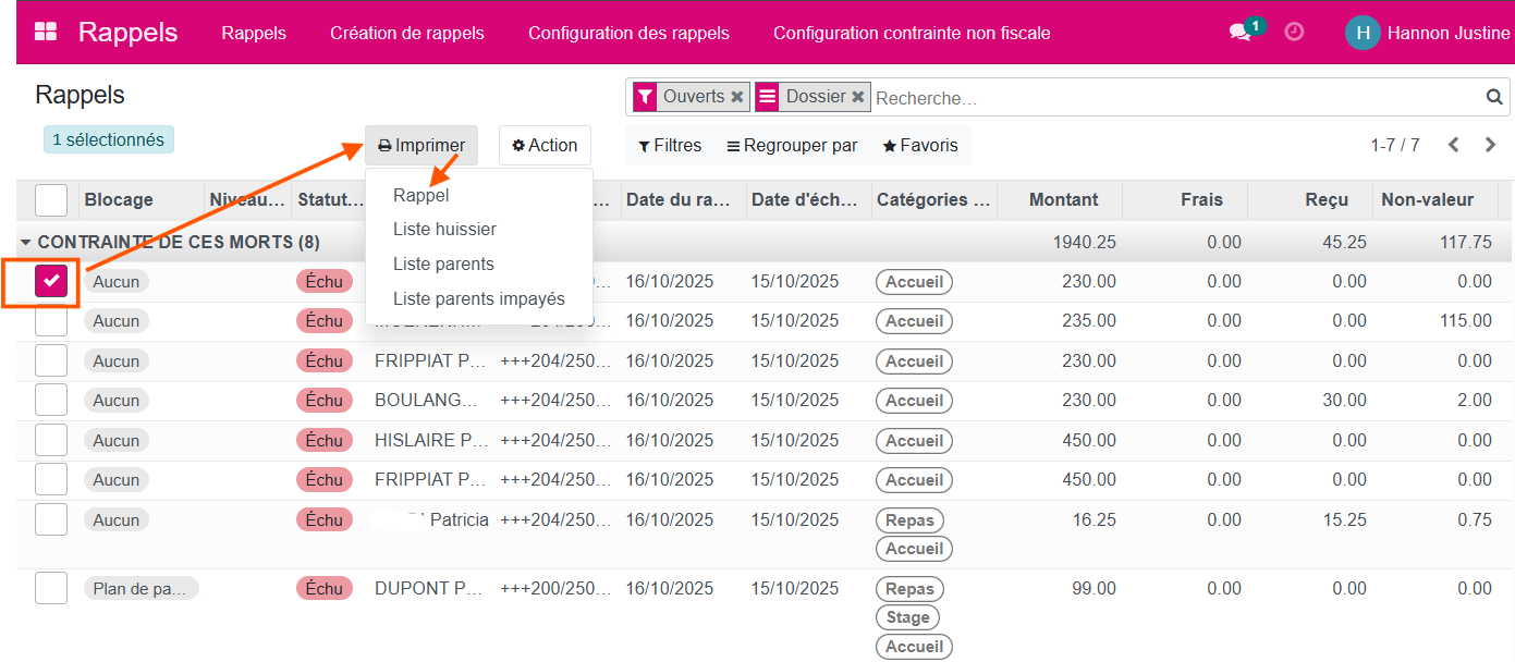 Configuration rappel