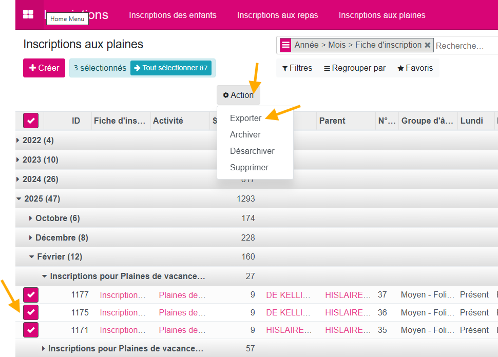 Exporter les fiches d'inscriptions