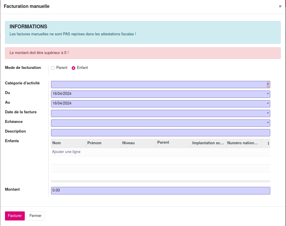 facturation manuelle enfant