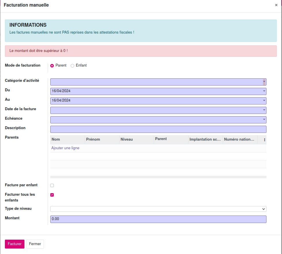 facturation manuelle parent
