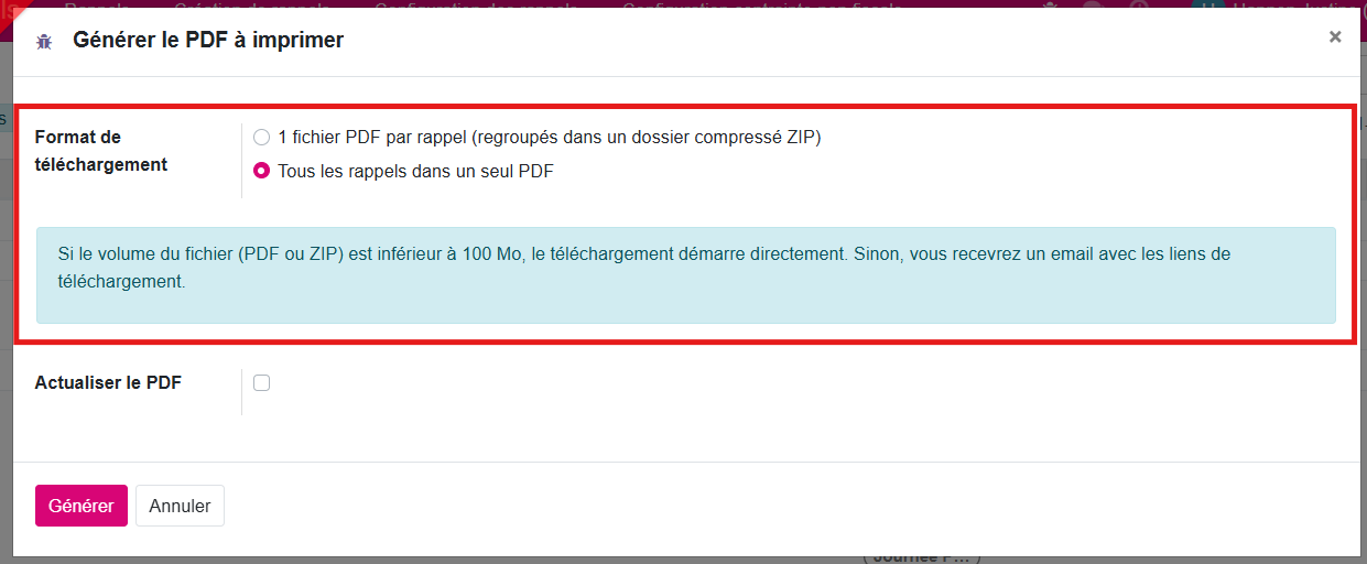 Impression des rappels 
