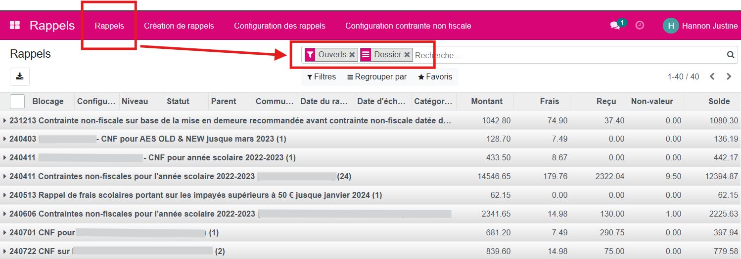 Impression des rappels 