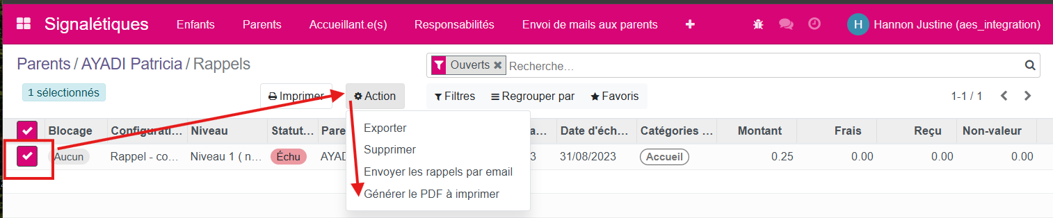 Impression des rappels 
