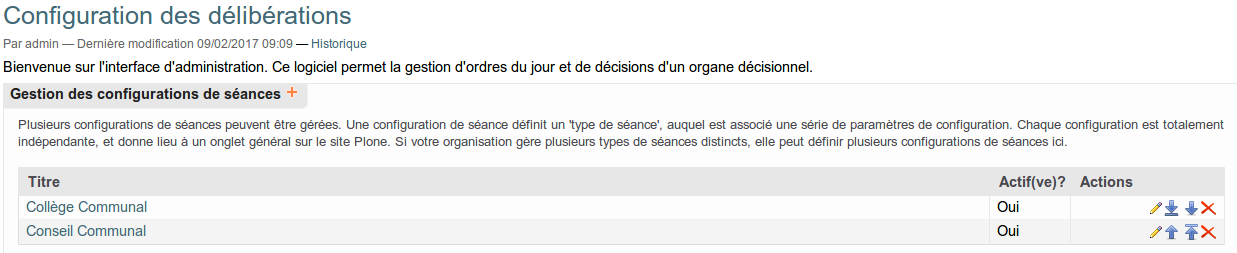 Configuration - écran principal - gestion des séances