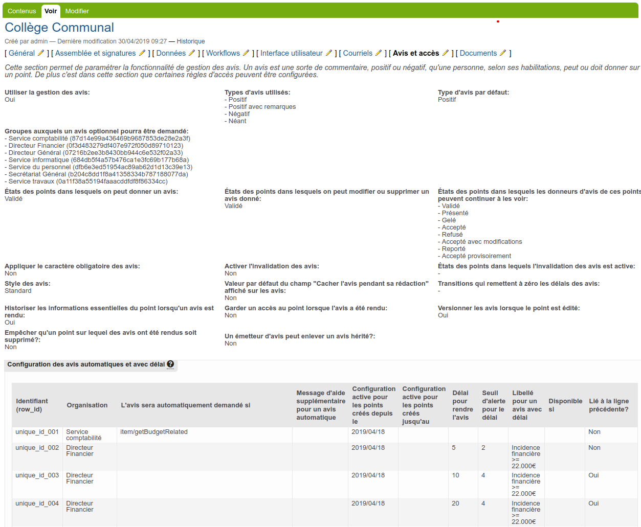 Configuration - visualisation config séance (avis)