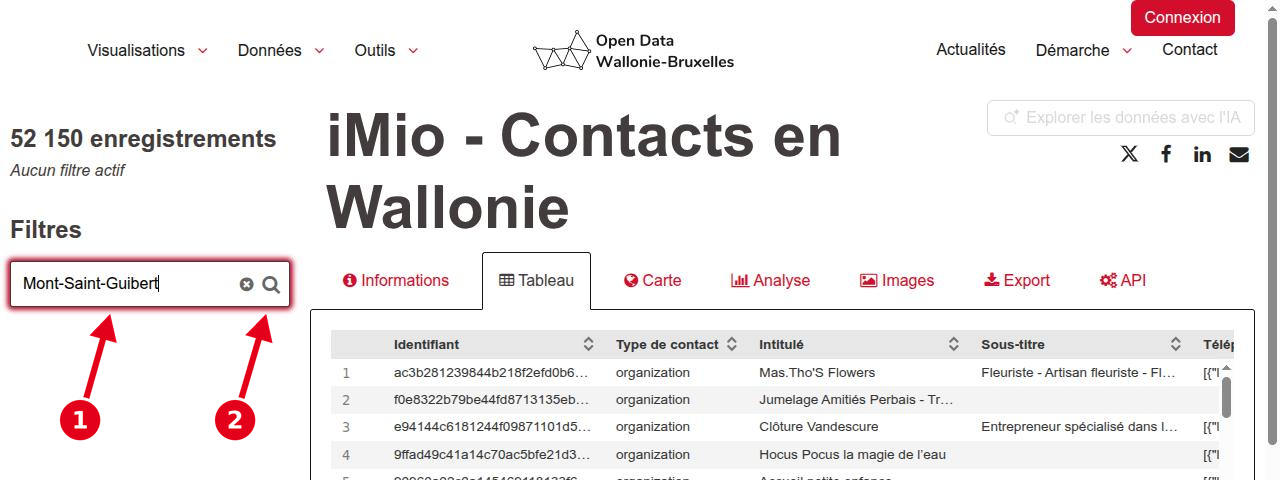 Recherche du nom de la commune dans les filtres