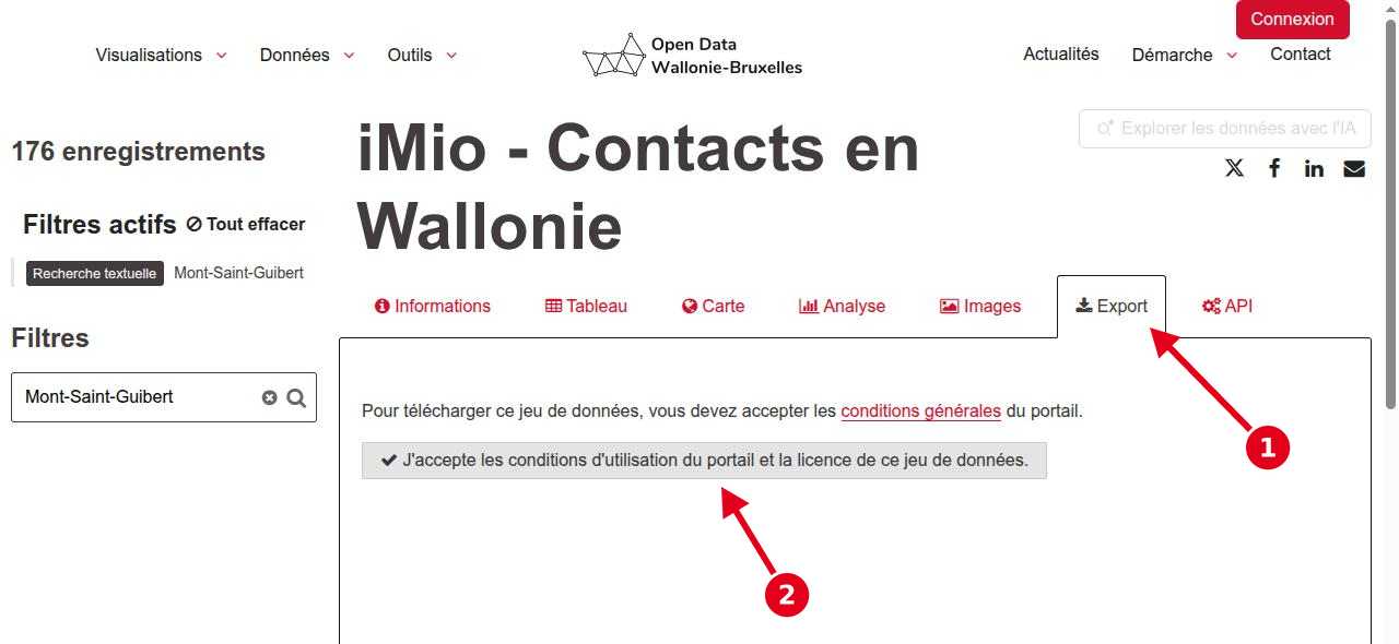 Onglet Export et acceptation des conditions d'utilisation