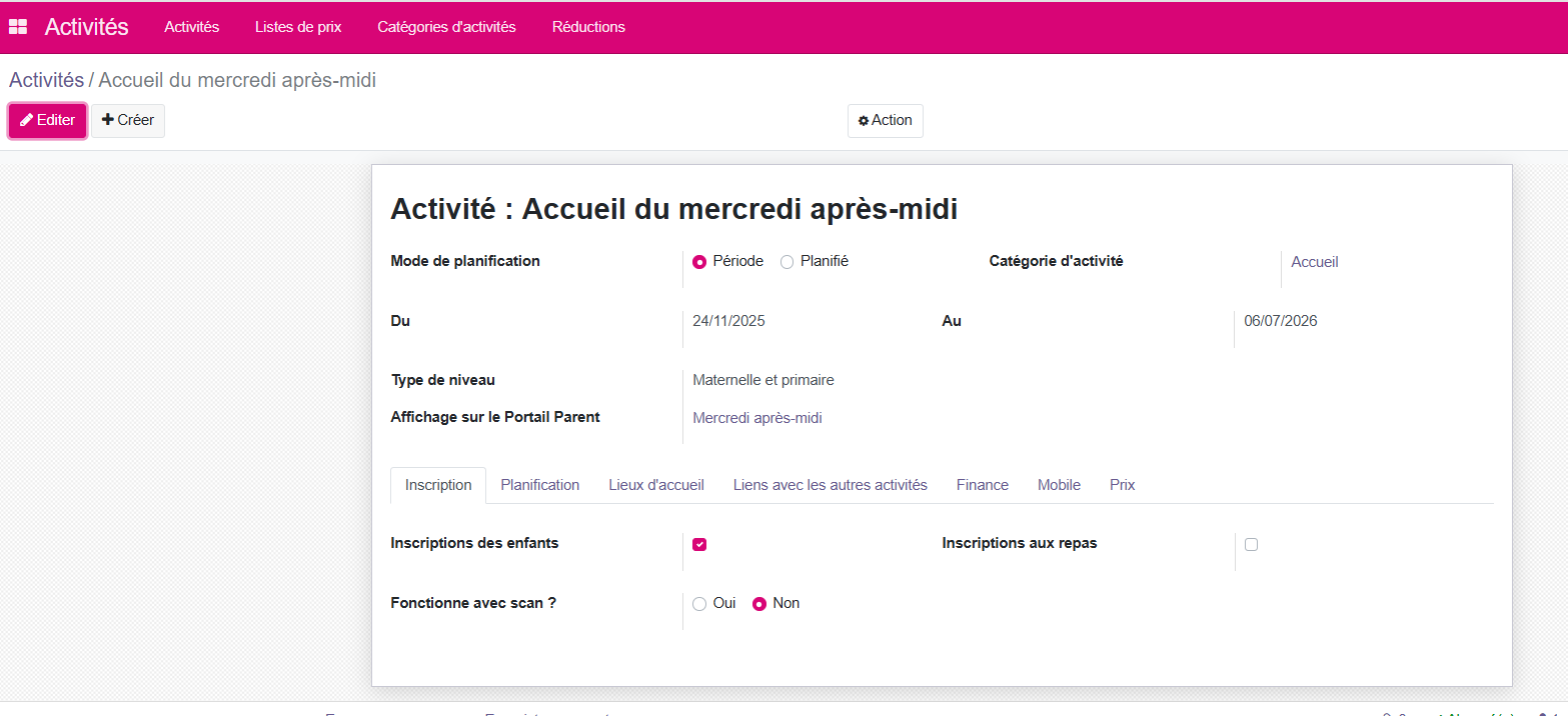 Options des activités mercredis