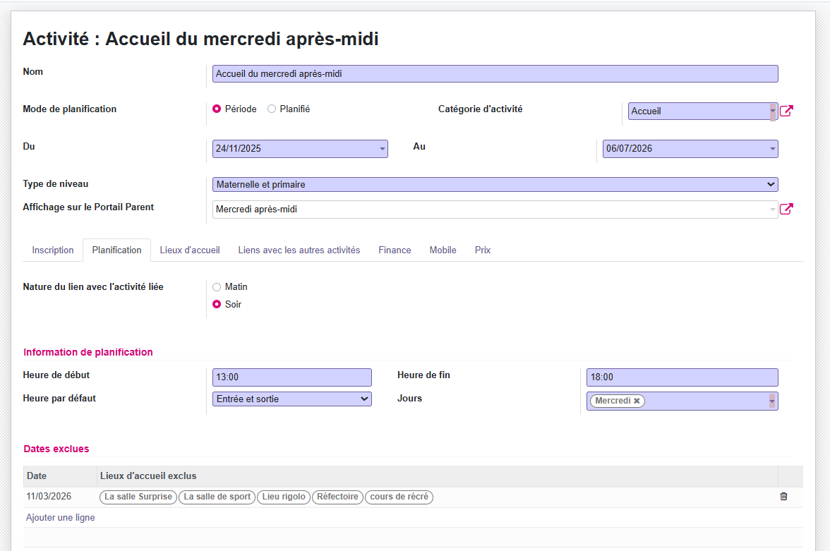 Options des activités mercredis