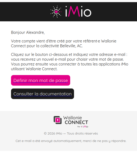 E-mail de bienvenue annonçant la création d'un compte Wallonie Connect, avec le bouton « Définir mon mot de passe »