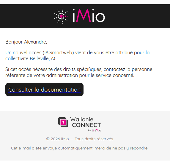 E-mail annonçant l'attribution d'un nouvel accès applicatif pour une collectivité
